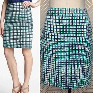 Kate Spade Judy Check Print Pencil Skirt in Green‎ & Navy Blue Size US 10